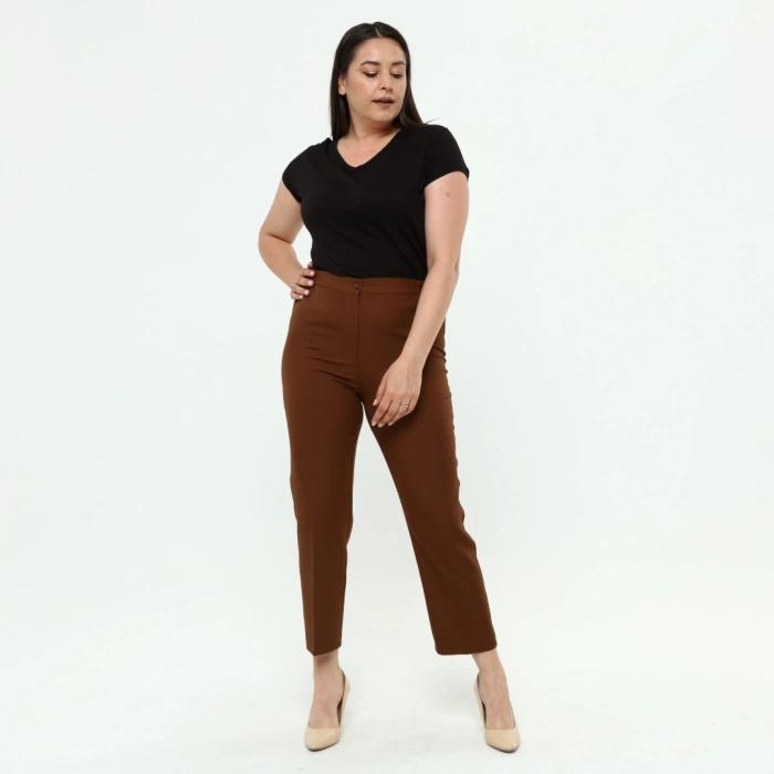 Kadın Kiremit Beli Lastikli Büyük Beden Dabıl Kumaş Pantolon