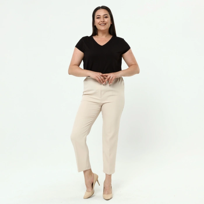 Kadın Taş Beli Lastikli Büyük Beden Dabıl Kumaş Pantolon