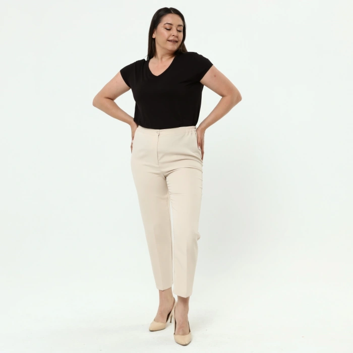 Kadın Taş Beli Lastikli Büyük Beden Dabıl Kumaş Pantolon