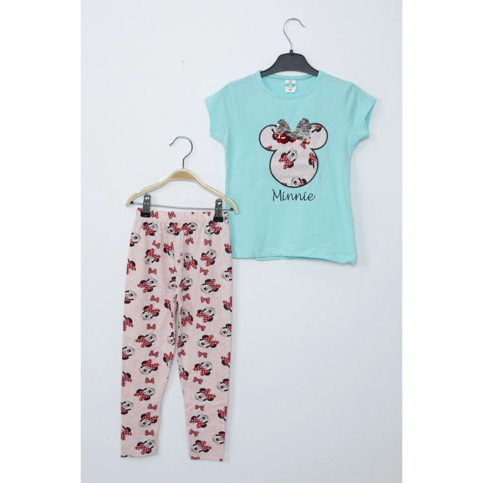 Kız Çocuk Su Yeşili Minnie Mouse Taytlı İkili Takım