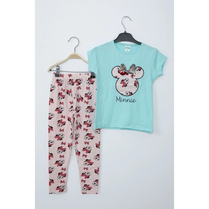 Kız Çocuk Su Yeşili Minnie Mouse Taytlı İkili Takım