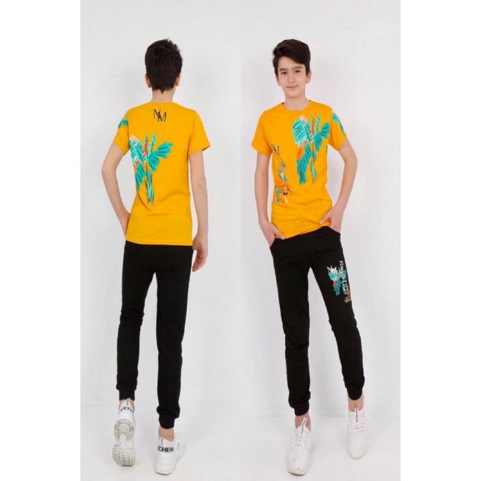 Erkek Çocuk Haki Yaprak Baskılı Alt İki iplik Cepli İkili Takım