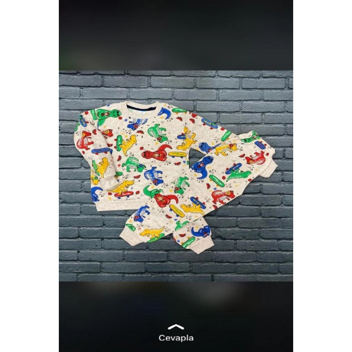 Erkek Çocuk Dİnazor Baskılı Şardonlu İçi Pamuklu İkili Takım