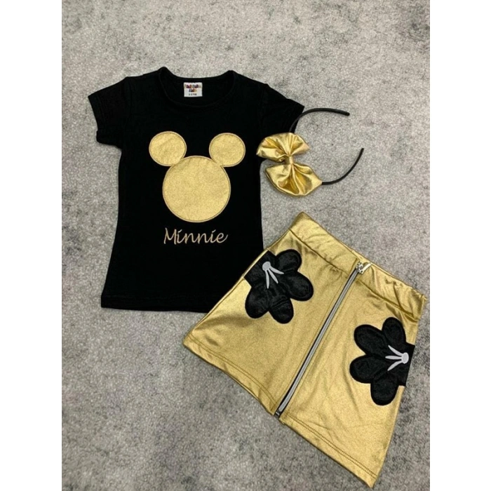 Kız Çocuk Minnie Mouse Etek Ve Taçlı Üçlü Takım