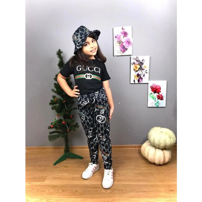 Kız Çocuk Şapkalı Üçlü Takım