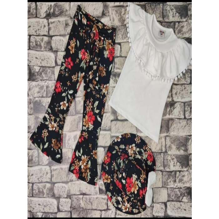 Kız Çocuk Şapkalı Ponponlı Üçlü Takım