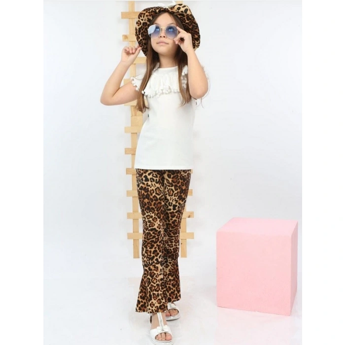 Kız Çocuk Şapkalı Ponponlu Üçlü Takım