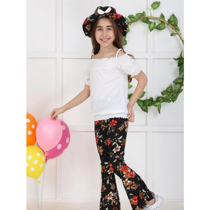 Kız Çocuk Şapkalı Ponponlı Üçlü Takım