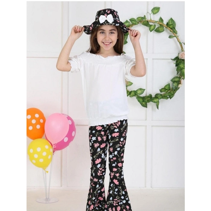 Kız Çocuk Şapkalı Ponponlı Üçlü Takım