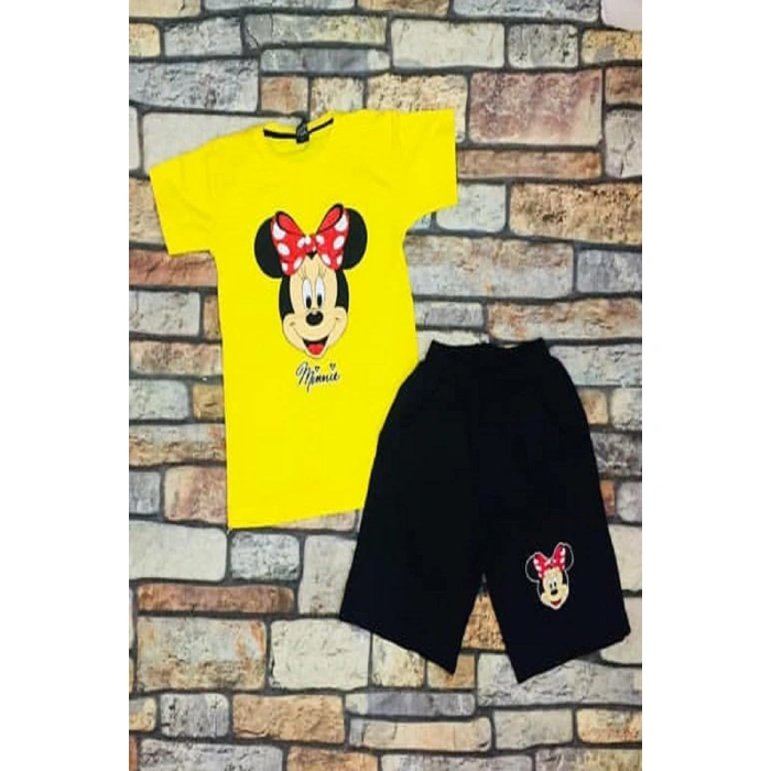 Kız Çocuk Sarı Minnie Mouse Şortlu İkili Takım