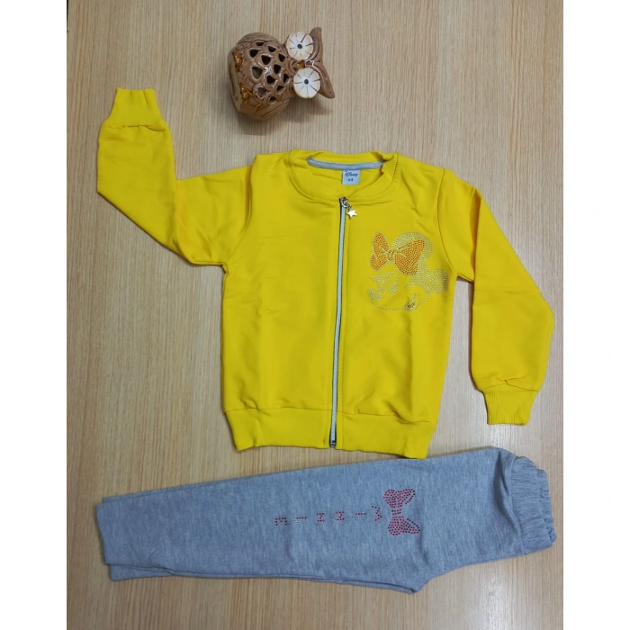 Kız Çocuk Sarı Minnie Mouse Taş İşlemeli Kompak Penye Hırkalı Üçlü Takım