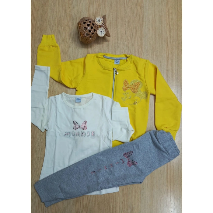 Kız Çocuk Sarı Minnie Mouse Taş İşlemeli Kompak Penye Hırkalı Üçlü Takım
