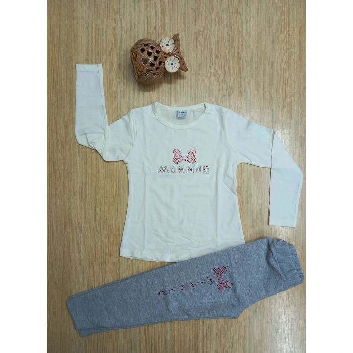 Kız Çocuk Sarı Minnie Mouse Taş İşlemeli Kompak Penye Hırkalı Üçlü Takım