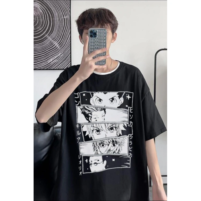 Unisex Siyah Renk Bisiklet Yaka Oversize Fit Geniş Kalıp Tişort 