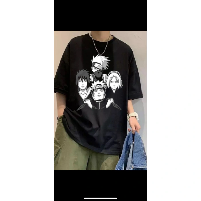 Unisex Siyah Renk Bisiklet Yaka Oversize Fit Geniş Kalıp Tişort 