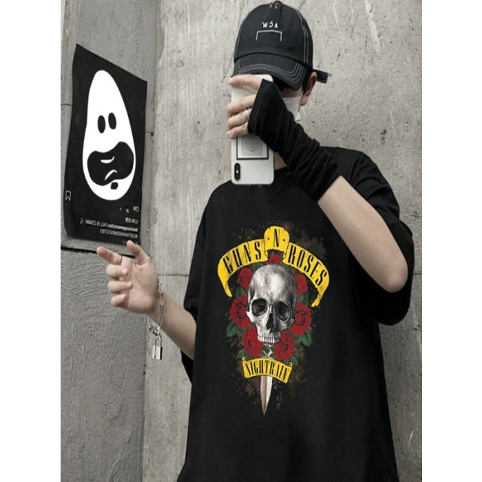 Unisex Siyah Renk Bisiklet Yaka Oversize Fit Geniş Kalıp Tişort 