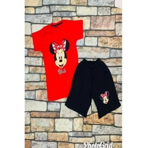 Kız Çocuk Kırmızı Minnie Mouse Şortlu İkili Takım