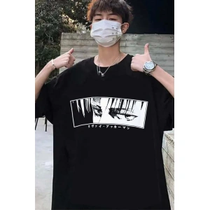 Unisex Siyah Renk Bisiklet Yaka Oversize Fit Geniş Kalıp Tişort 