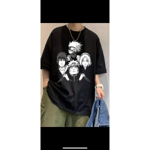 Unisex Siyah Renk Bisiklet Yaka Oversize Fit Geniş Kalıp Tişort 