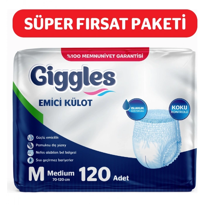 Giggles Yetişkin Emici Külot Bez Orta Boy (Medium) 30lu 4 Paket (120 Adet) Bel Boy 70-120 cm