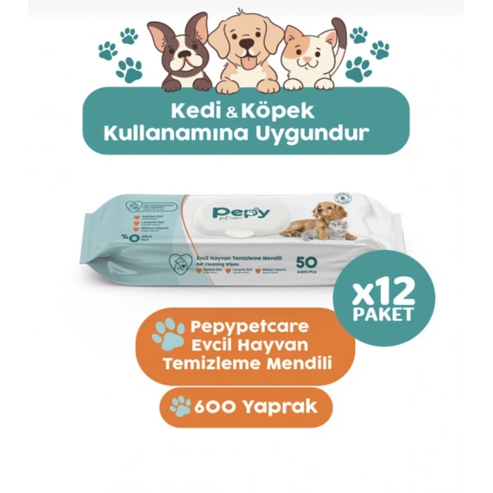 PEPY Kedi Ve Köpek Kullanımına Uygun Evcil Hayvan Temizleme Mendili 12 paket 600