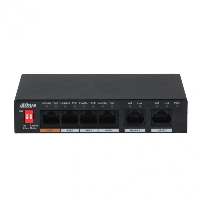 DAHUA 6port 60w 4port PoE PFS3006-4ET-60-V2 10/100 2X-UPLINK Yönetilemez Switch