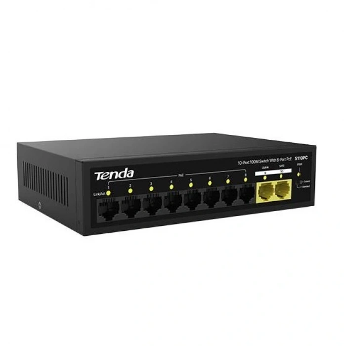 TENDA 10port 80w 8port PoE S110PC 10/100 2-Uplink Yönetilemez Switch