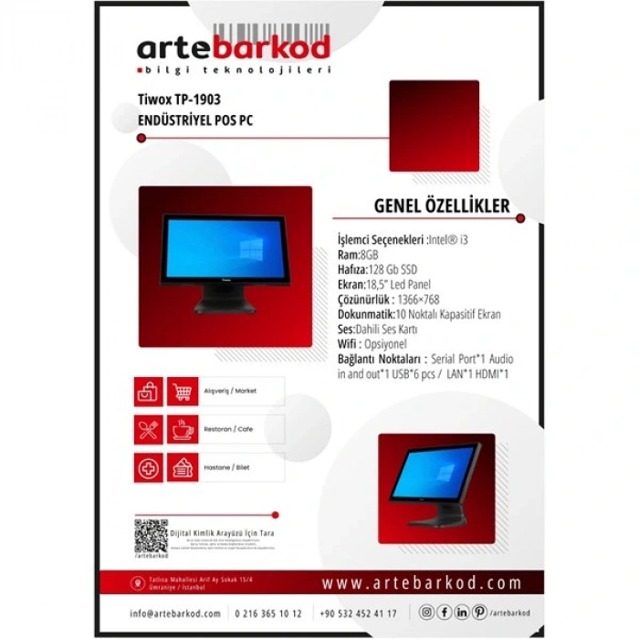 TIWOX 18.5 Dokunmatik TP-1903 CORE i3 3. Nesil 8GB RAM- 128GB SSD- FDOS- POS PC