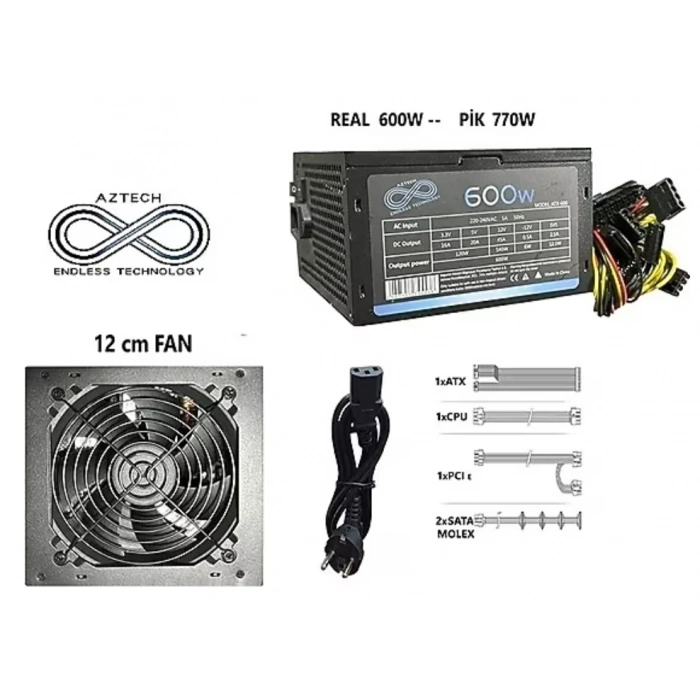 AZTECH 600W 12cm Fanlı Atx Power Supply