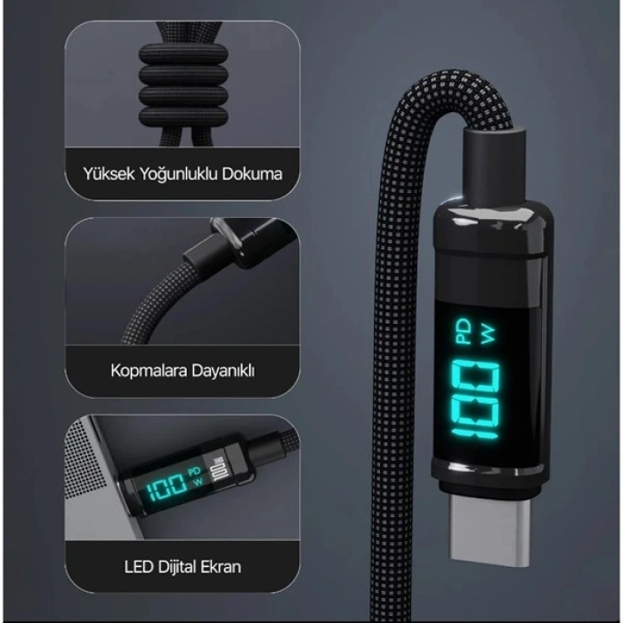 BİX BX09CC-BK SİYAH TYPE-C 100W 1 metre DİJİTAL EKRANLI ŞARJ VE DATA KABLOSU