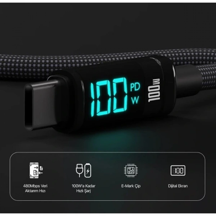 BİX BX09CC-BK SİYAH TYPE-C 100W 1 metre DİJİTAL EKRANLI ŞARJ VE DATA KABLOSU