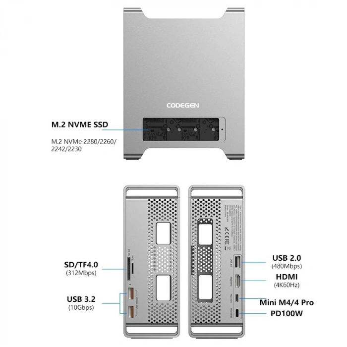 Codegen Mac Mini M4/M4 Pro 9 in 1 Type-C HDMI NVME SSD Alüminyum Çevirici Stand Docking Station CDG-NSC301