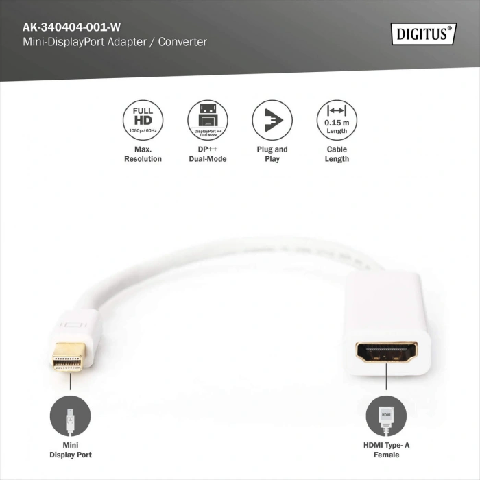 DIGITUS mDP-HDMI Görüntü Adaptörü 0,15m (AK-340404-001-W)
