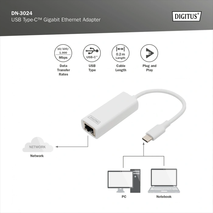 DIGITUS USB-C Gigabit Harici Ethernet (DN-3024)