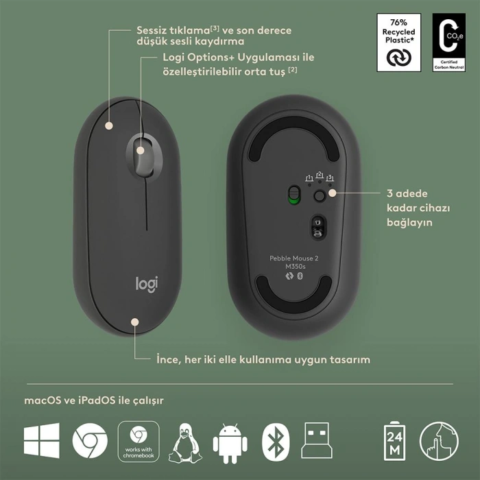 LOGITECH Pebble 2 Bluetooth Grafit Klavye - Mouse Set (920-012245)