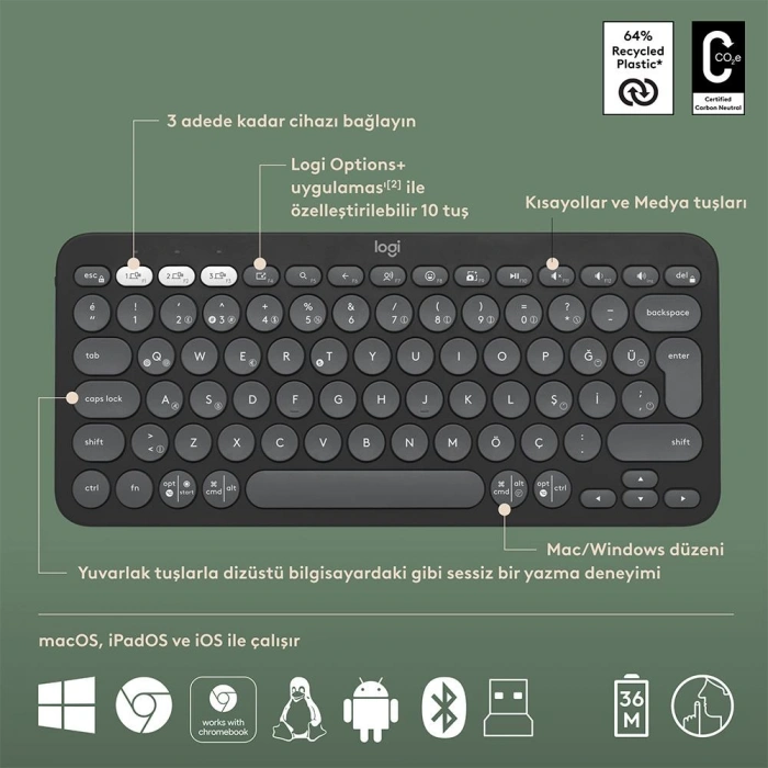 LOGITECH Pebble 2 Bluetooth Grafit Multi-Device Klavye - Mouse Set 920-012245