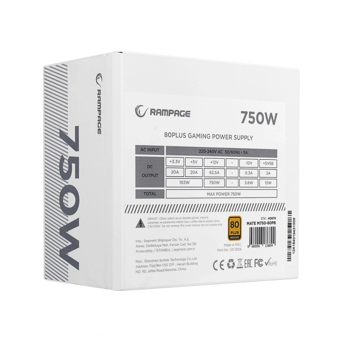 RAMPAGE 750W 80+ BRONZE MATE M750-80PB TAM MODULER POWER SUPPLY Beyaz