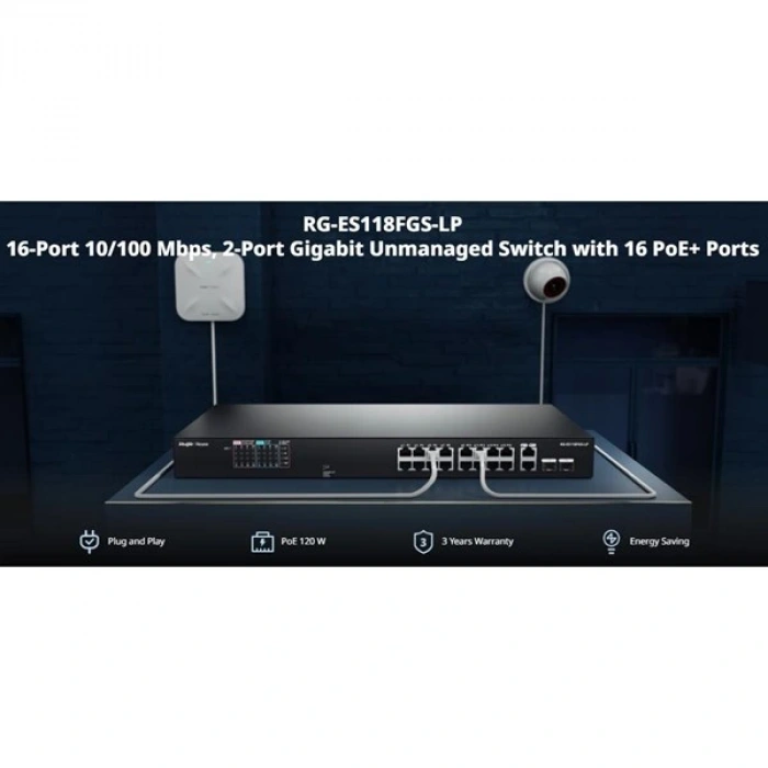 RUIJIE REYEE 16port RG-ES118FGS-LP 10/100 2-UPLINK 2-SFP 120W YÖNETİLEMEZ POE SWITCH