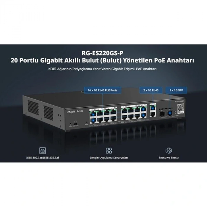 RUIJIE REYEE 16port RG-ES220GS-P GIGABIT 2-UPLINK 2-SFP 250W YÖNETİLEBİLİR POE SWITCH