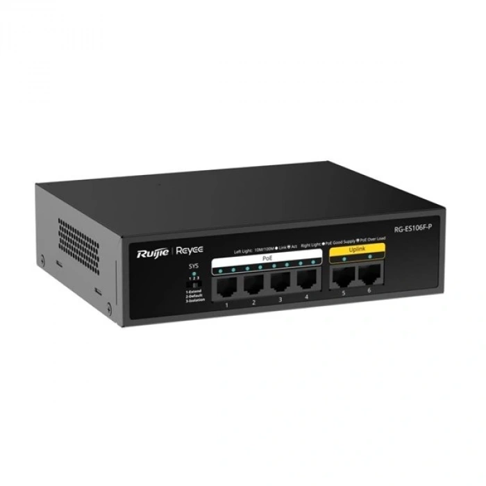 RUIJIE REYEE 6port RG-ES106F-P 10/100 2-UPLINK 54W 4port YÖNETİLEMEZ POE SWITCH