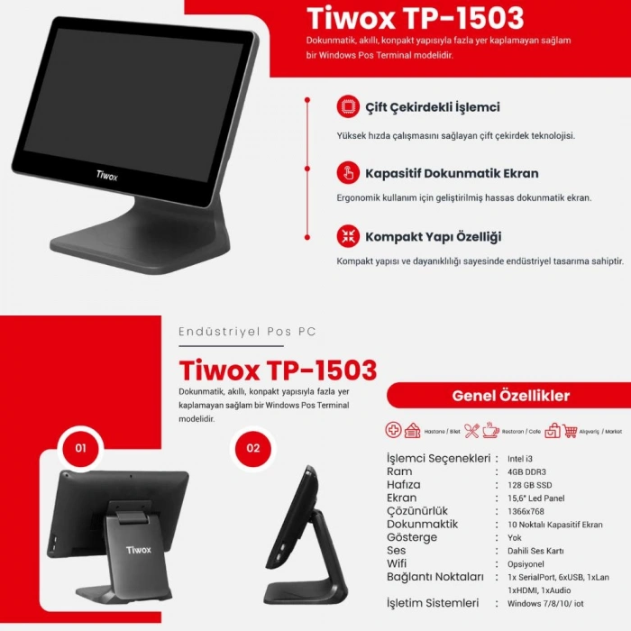TIWOX TP 1503 I3 4GB RAM 128GB SSD 15.6 ENDÜSTRİYEL POS PC