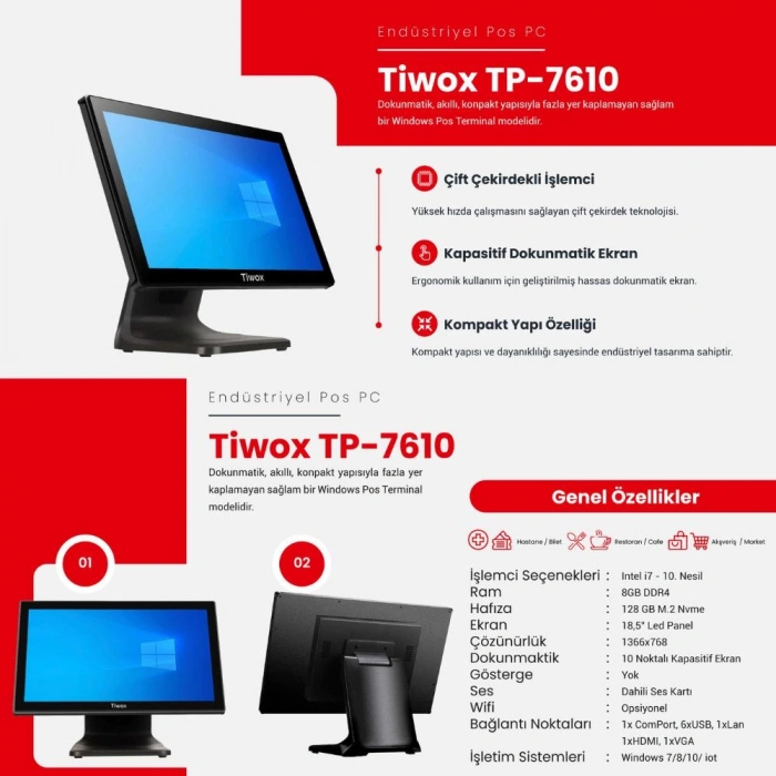 TIWOX TP-7610 I7 10.GEN 8GB/128GB SSD 18.5 ENDÜSTRİYEL POS PC