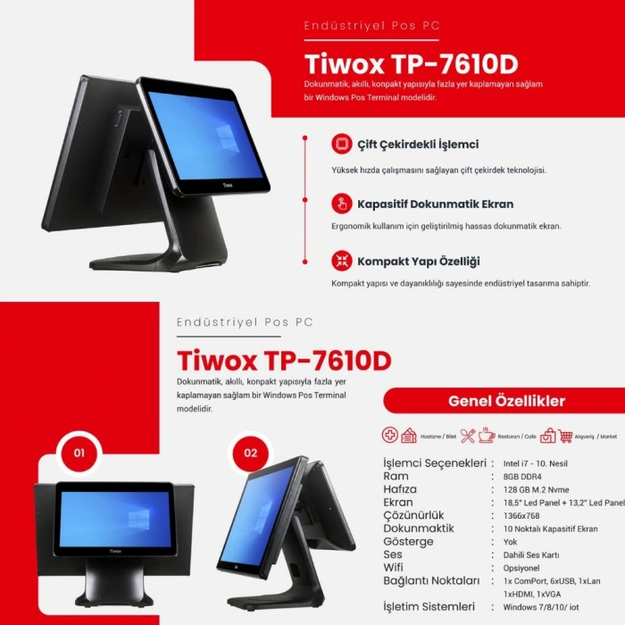 TIWOX TP-7610D I7 10.GEN 8GB/128GB SSD 18.5 +13.3 2.EKRAN ENDÜSTRİYEL POS PC
