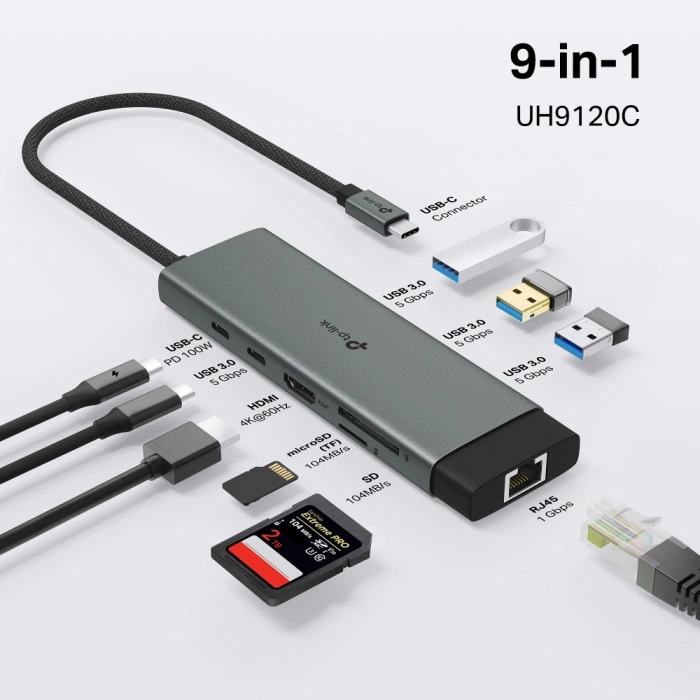 TP-LINK UH9120C USB Type-C 9u 1 Arada Hub – 4K HDMI, Gigabit Ethernet, USB 3.0, SD/microSD Kart Okuyucu, 100W PD