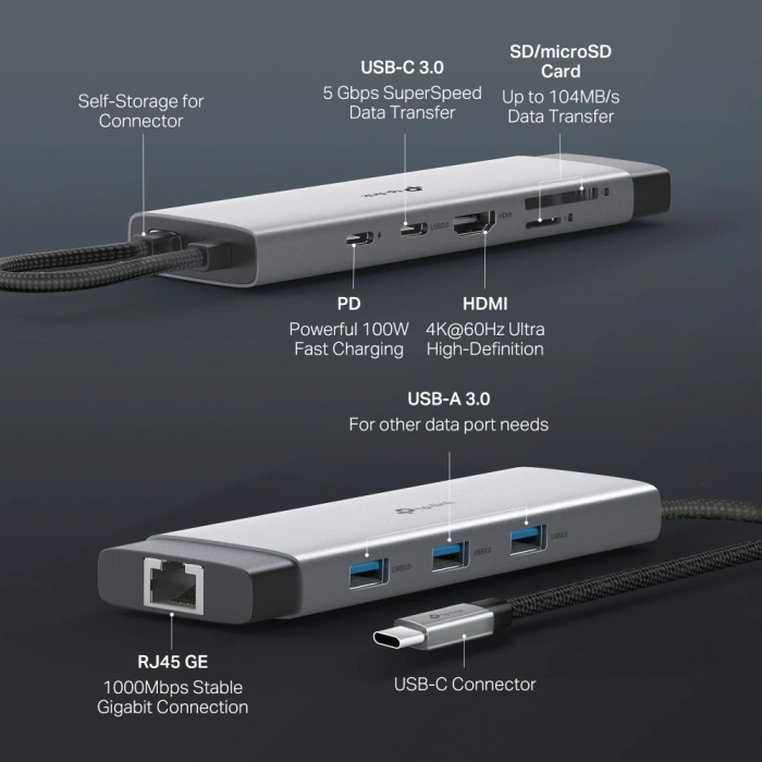 TP-LINK UH9120C USB Type-C 9u 1 Arada Hub – 4K HDMI, Gigabit Ethernet, USB 3.0, SD/microSD Kart Okuyucu, 100W PD