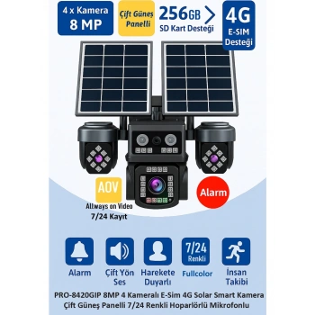 Balandi PRO-8420GIP 8MP 4 Kameralı E-Sim 4G Solar Smart Kamera Çift Güneş Panelli HiEasy Yazılım