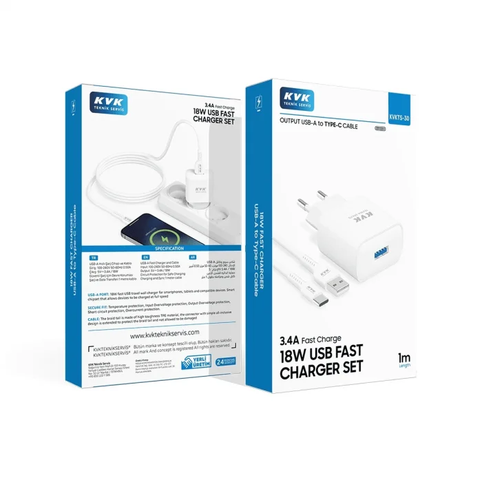 KVK-30 TYPE C-USB 18W 3.4A HIZLI ŞARJ SETİ