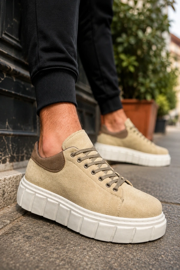 ARES Bağcıklı Süet Erkek Günlük Sneaker Yüksek Taban Ayakkabı - Krem