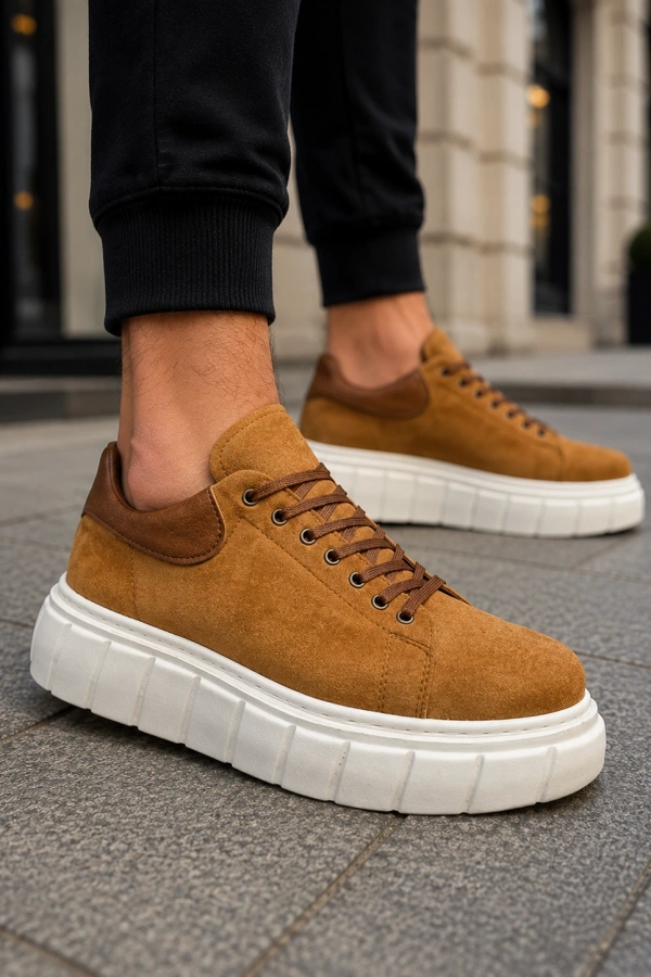 ARES Bağcıklı Süet Erkek Günlük Sneaker Yüksek Taban Ayakkabı - Taba