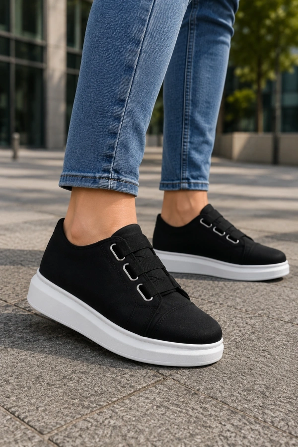 İtehe Cilt Erkek Bağcık Görünümlü Lastikli Günlük Sneaker Ayakkabı - Siyah Beyaz